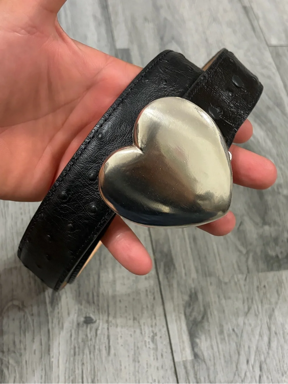 Tony Lama Black Ostrich Leather Belt with Silver Heart Buckle Sz 34